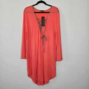 LA CLASS Lace Up Tunic Top Womens Medium Coral Gold Trim Beachy Resortwear Gilde